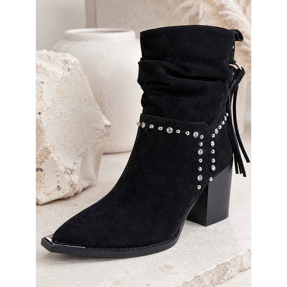 VENUS Women’s 6M Black Fringe Rhinestone Studded Pointed Toe Ankle Boots - Picture 7 of 10